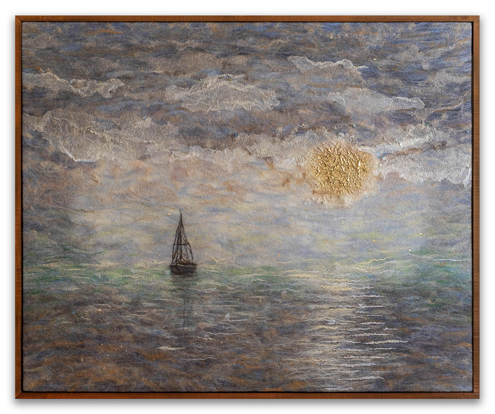 Marine Art. ๐๐๐ซ๐ค ๐๐ฅ๐จ๐ฐ | Fiber with Gemstones, Exotic Wood Frame | Size: H45"xW55" | 2021