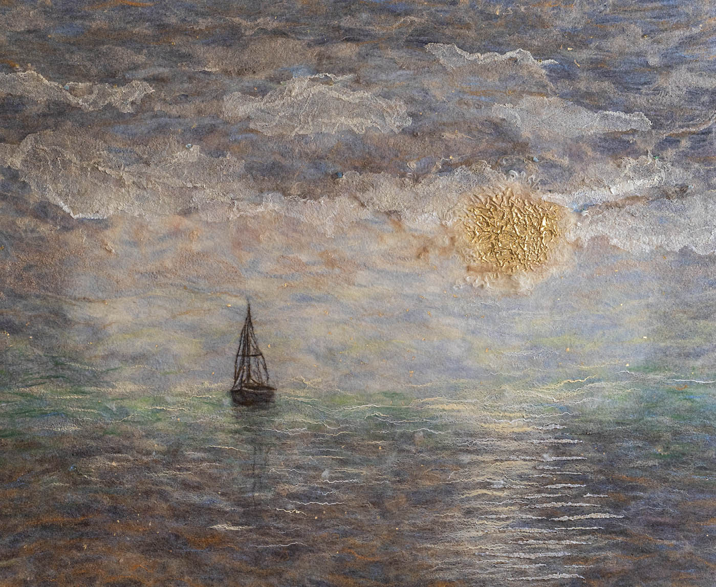 Marine Art. ๐๐๐ซ๐ค ๐๐ฅ๐จ๐ฐ | Fiber with Gemstones, Exotic Wood Frame | Size: H45"xW55" | 2021 - Image 2