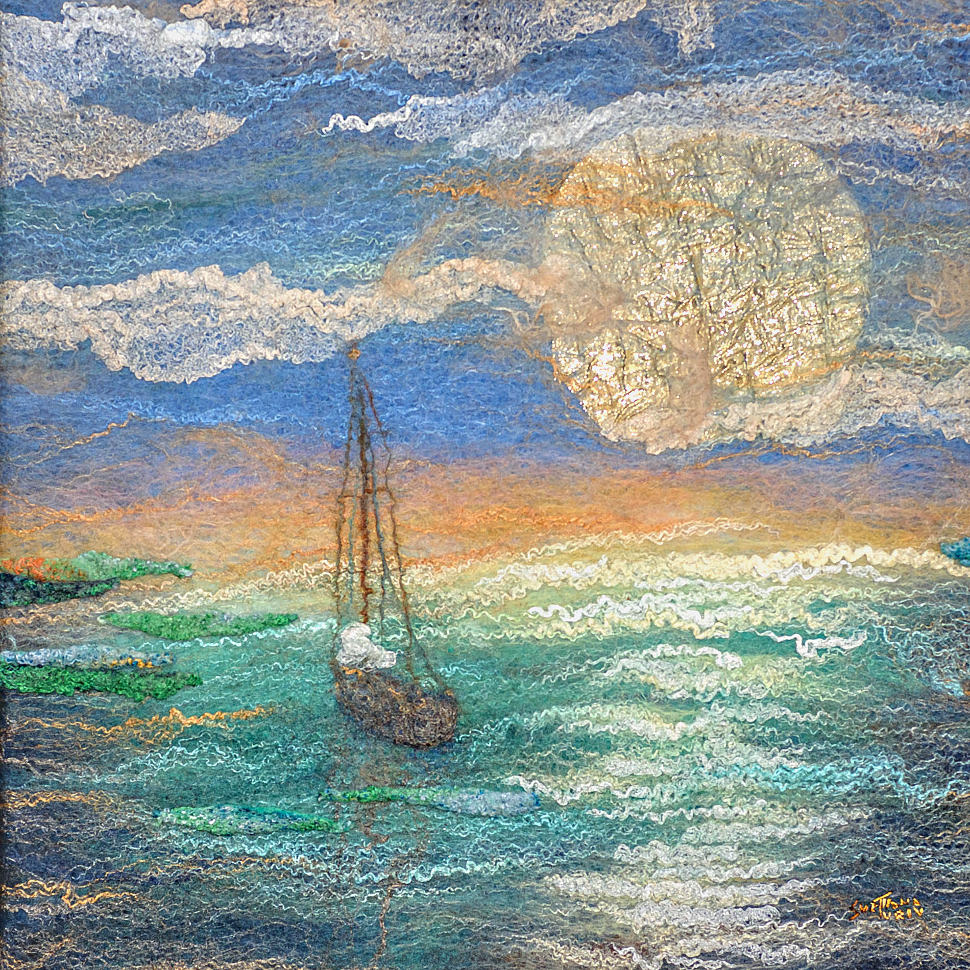 Marine Art. ๐๐ข๐ง๐๐ฒ ๐๐ฎ๐ง๐๐จ๐ฐ๐ง | Fiber, Exotic Wood Frame | Size: H12.5โณxW12.5โณ | 2021 - Image 2